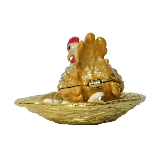 Hen with Eggs Hinged Box Bedazzled Gold Red White Silver Jeweled Collection - Picture 7 of 10